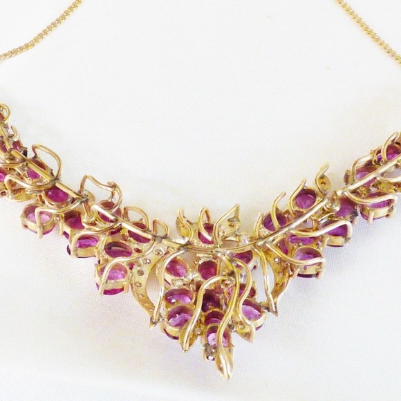 VTG Custom Made 14k yellow gold 16.55 TCW Ruby & Diamond Floral design Necklace - Picture 9 of 11